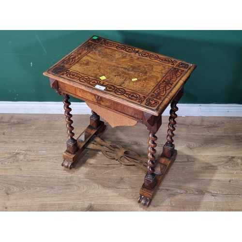 32 - A Victorian burr oak and walnut crossbanded Sewing Table with rosewood veneered inlaid design, hinge... 