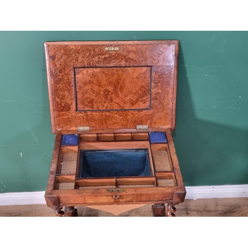 32 - A Victorian burr oak and walnut crossbanded Sewing Table with rosewood veneered inlaid design, hinge... 