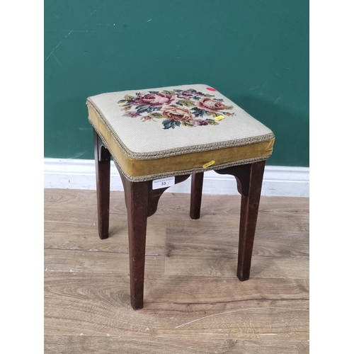 33 - A Georgian mahogany square Footstool with needlework rose design top 1ft 4in H x 1ft 1in W (R3)