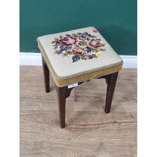 33 - A Georgian mahogany square Footstool with needlework rose design top 1ft 4in H x 1ft 1in W (R3)