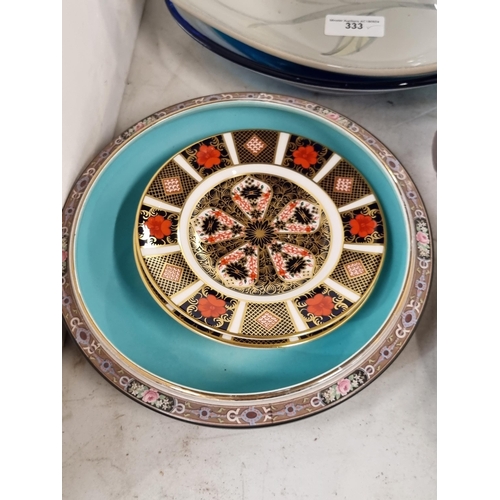 333 - A selection of Royal Crown Derby, Imari pattern Plates, pottery and glass Bowls, blue glassware, Wal... 