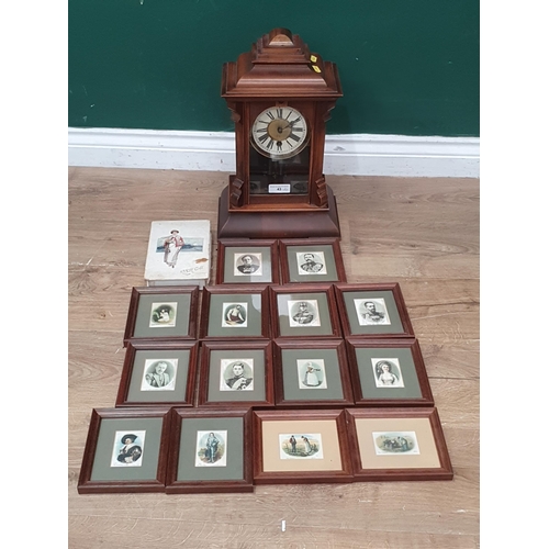 43 - A walnut cased Mantle Clock 1ft 4in H x 11in W, twelve framed Portrait Silks, two other Silks of Pea... 