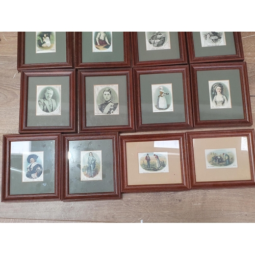 43 - A walnut cased Mantle Clock 1ft 4in H x 11in W, twelve framed Portrait Silks, two other Silks of Pea... 