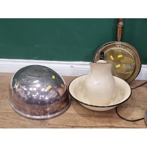 451 - Two large plated Entre Dish covers (one missing handle), cream enamel Wash Jug and Bowl, Table Lamp ... 