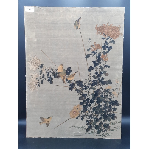 46 - A Yusen cut velvet Panel depicting birds amongst flowering shrubs, 27 x 20in, and pair of landscapes... 