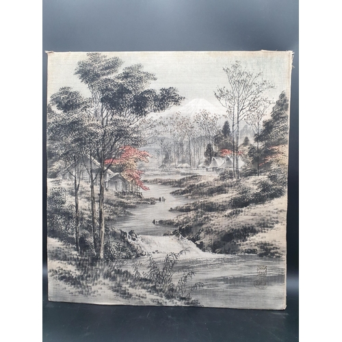 46 - A Yusen cut velvet Panel depicting birds amongst flowering shrubs, 27 x 20in, and pair of landscapes... 