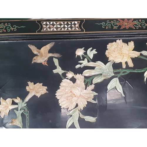 470 - A Chinese chinoiserie lacquered Coffee Table with hardstone bird design 3ft 6in W x 1ft 6in H (R5)