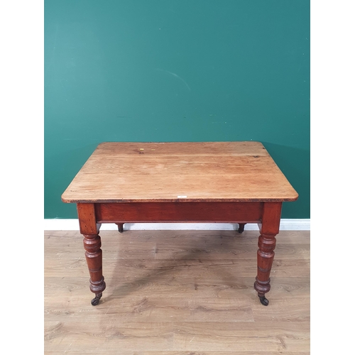 472 - A Victorian pine Farmhouse Table fitted end drawer on turned supports 3ft 11in W x 2ft 6in H (R6)