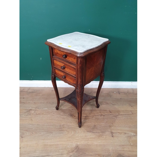 494 - A French walnut marble topped Bedside Chest fitted three drawers raised on cabriole supports 2ft 7in... 