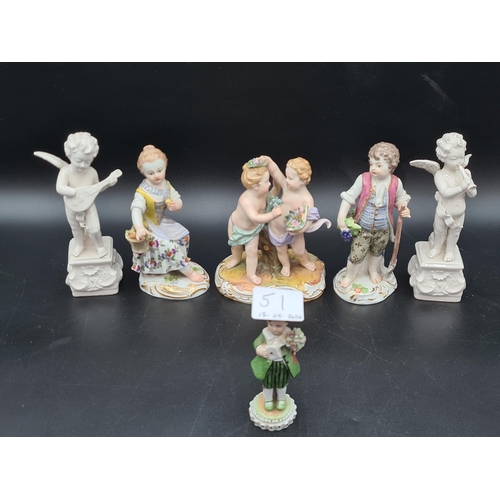 51 - A pair of Meissen Figures of boy with spade and girl with fruit, 5in, blue crossed swords mark, anot... 