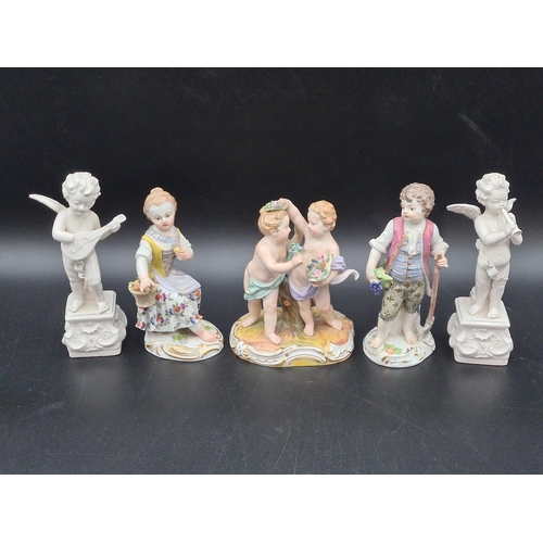 51 - A pair of Meissen Figures of boy with spade and girl with fruit, 5in, blue crossed swords mark, anot... 