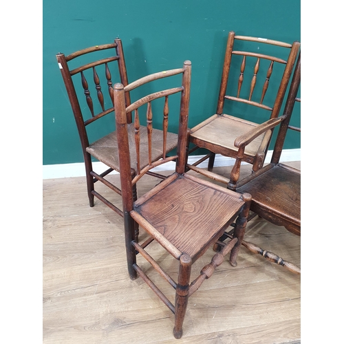 545 - Three antique spindle back Single Chairs on turned supports and front stretchers, and a spindle back... 