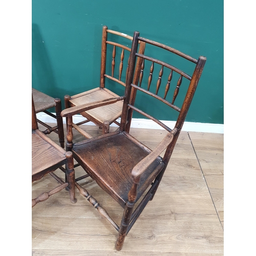 545 - Three antique spindle back Single Chairs on turned supports and front stretchers, and a spindle back... 