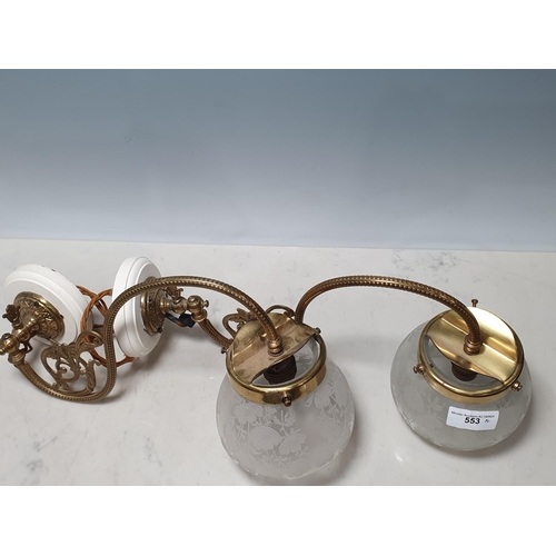 553 - A pair of brass Wall Lights with scrolled detail and etched glass shades, 15in W (R3)