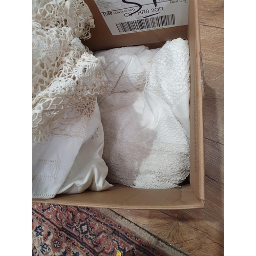 560 - A Box of assorted white Table Linen, and a small wicker Basket. (R6).