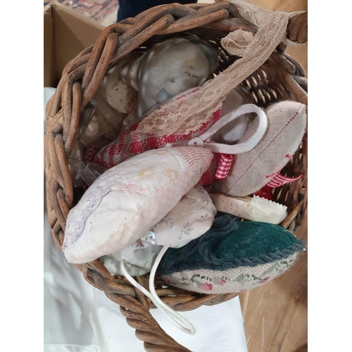 560 - A Box of assorted white Table Linen, and a small wicker Basket. (R6).