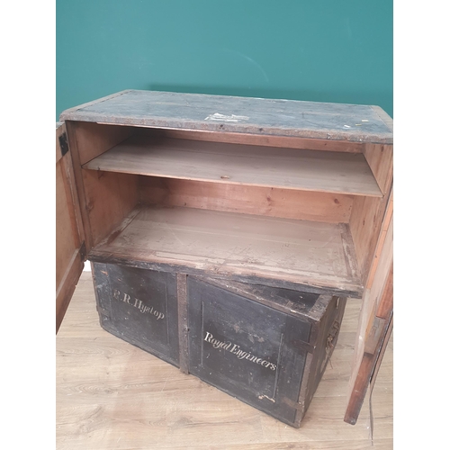 610 - Two antique metal bound Campaign Chests painted ' R.R. Hyslop, Royal Engineers' with shipping labels... 