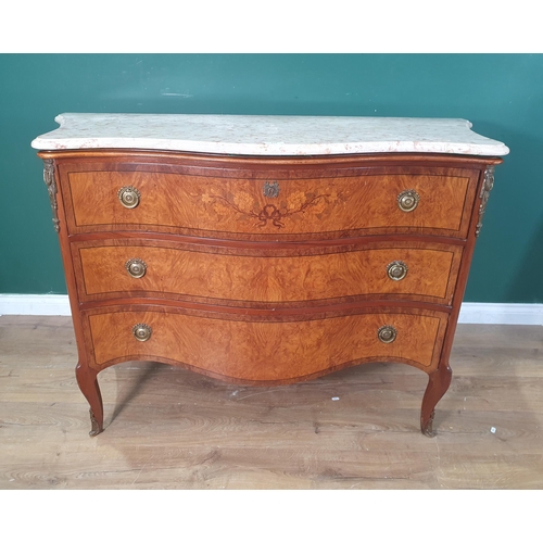 619 - A Continental walnut and marquetry inlaid serpentine Chest of three long drawers with marble top and... 