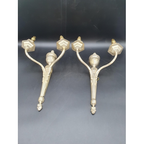 62 - A pair of plated two branch Wall Lights with pineapple finials, 16in