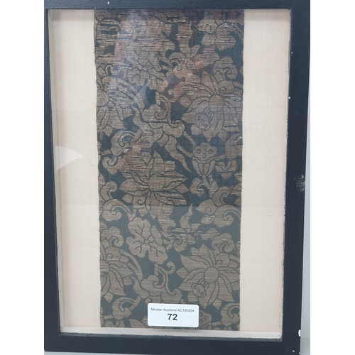 72 - A panel of Chinese Textile with floral design on a dark ground, 11 x 5in, framed and glazed, believe... 