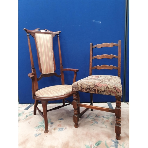 696 - A ladder back Single Chair with floral upholstered seat,  and an Edwardian striped upholstered Elbow... 