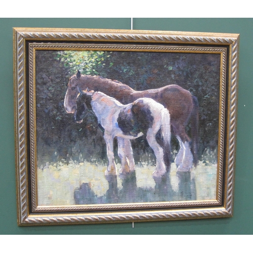 359 - MALCOLM COWARD. 'Apple and Clyde', (the artist's horses) in a Field, signed , oil on canvas board, 1... 