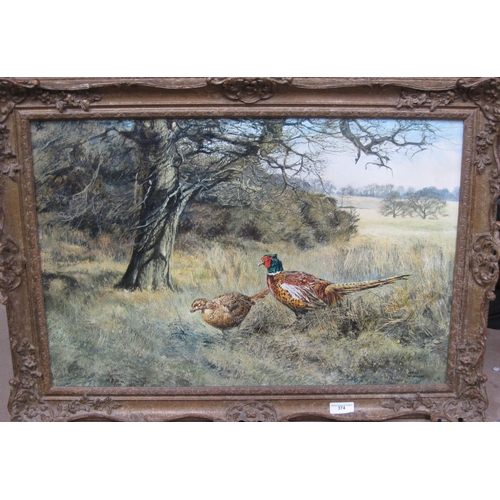 374 - HENRY WILKINSON. Pheasants at the edge of a Field , signed, oil on canvas, 21 x 31 in (R2)