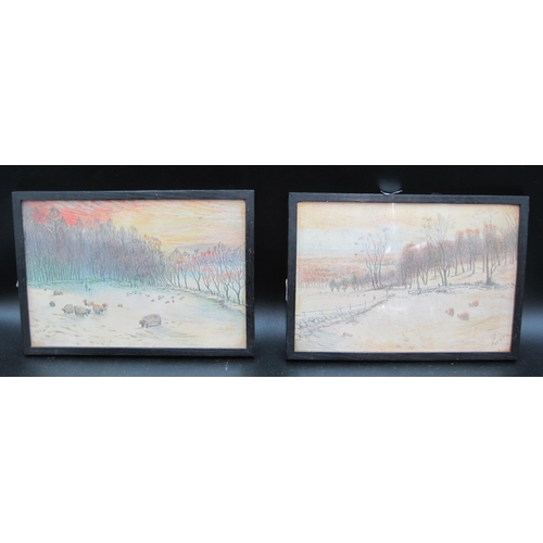 375 - ENGLISH SCHOOL, 1943. Winter Landscapes with Sheep, signed with initials and dated, colour chalks, 7... 