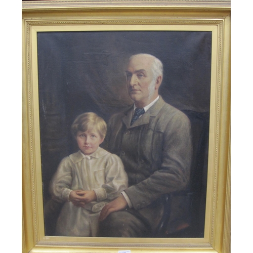 376 - ENGLISH SCHOOL CIRCA 1910. Portrait of a Gentleman, seated half-length, a child at his side, oil on ... 