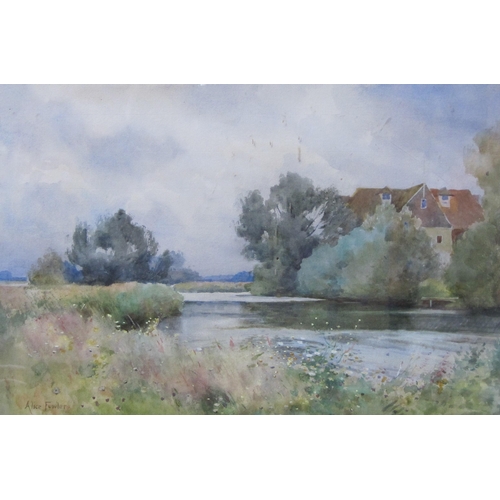 381 - ALICE FOWLER. A Tranquil river Landscape, signed, watercolour, 13 1/2 x 19 in; one other watercolour... 