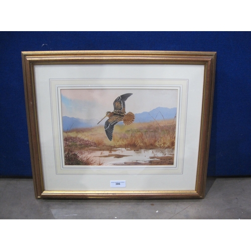 386 - JOHN CYRIL HARRISON. Woodcock flying over a moorland pond, watercolour, 8 1/2 x 13 in