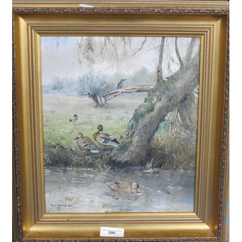 390 - JOHN G MACE. A river bank landscape with Mallard and Kingfisher, signed with monogram and dated 1987... 