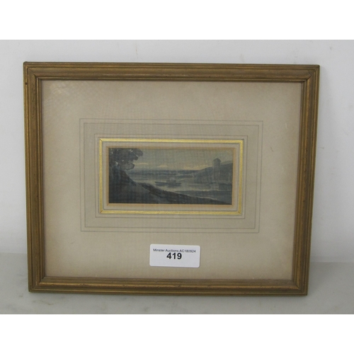 419 - ASCRIBED TO THOMAS GIRTIN. A Lake Landscape with Trees, colour wash, 2 1/4 x 4 in (Mez)