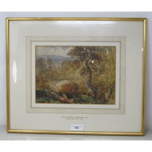 423 - CIRCLE OF DAVID COX. Bolton Abbey, Yorkshire, bears signature, watercolour, 8 x 11 in (Mez)