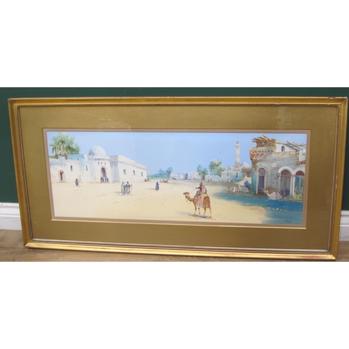 435 - J.TAYLOR. An Eastern street scene with Figures and Camel, signed, gouache, 12 1/2 x 40 in