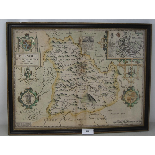 440 - JOHN SPEED 'Breknoke, both shyre and Towne described', engraved map, coloured,  15 x 20 in (Mez)