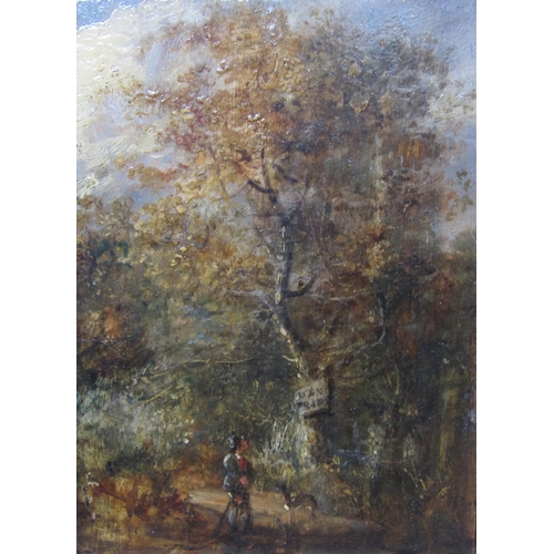 442 - ENGLISH SCHOOL, MID 19th CENTURY. Wooded Landscapes with Figures, oil on panel, 6 1/2 x 4 1/2 in; a ... 