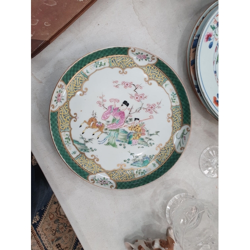 285 - A selection of Chinese Plates, floral decorated, and a Chinese blue and white Dish, (R4)