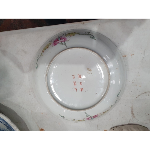 294 - A Chinese floral decorated Dish, 9in diam, A/F, two Staffordshire seated Spaniels, a pair of Staffor... 