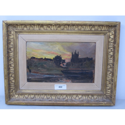 360 - MANNER OF BENJAMIN WILLIAMS LEADER. A river Landscape with Barge and church Tower at Sunset, bears  ... 