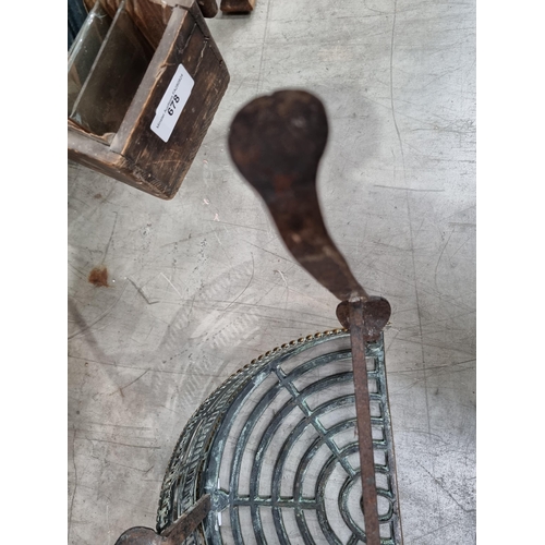 62 - A Georgian brass and iron Kettle Stand of semi-circular form with pierced frieze above three cabriol... 