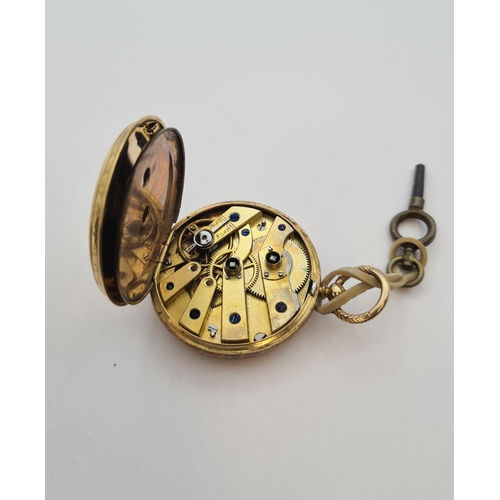 156 - A lady's 18ct gold cased Continental Fob Watch the floral engraved dial with roman numerals, engrave... 