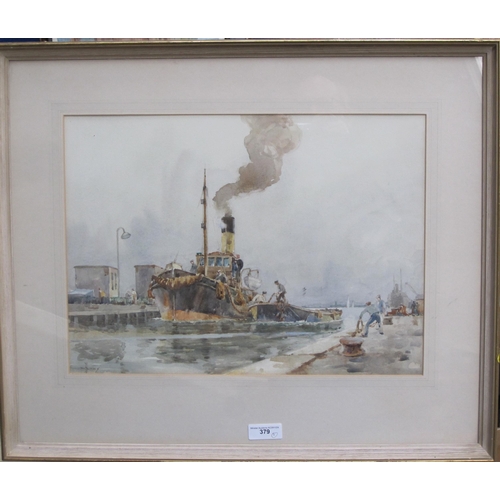 379 - WILLIAM HYAMS. Passing through the Lock, Southwick, signed, watercolour, 14 x 19 in; and one other w... 