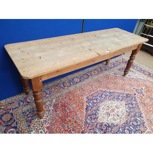 1 - A large pine Farmhouse Table on turned supports 6ft 5in L x 2ft 6in H