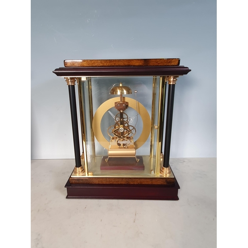 100 - A brass and wooden Mantel Clock with exposed movement and battery operated, 11 1/2in H (R2)