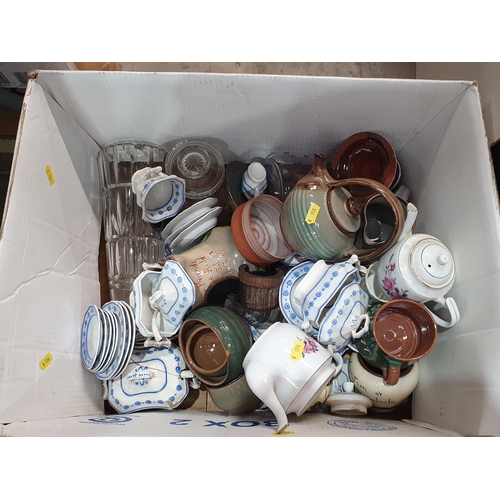 130 - Three boxes of china and glass including Worcester oven to tableware, Teapots, Ship in a Bottle, etc... 