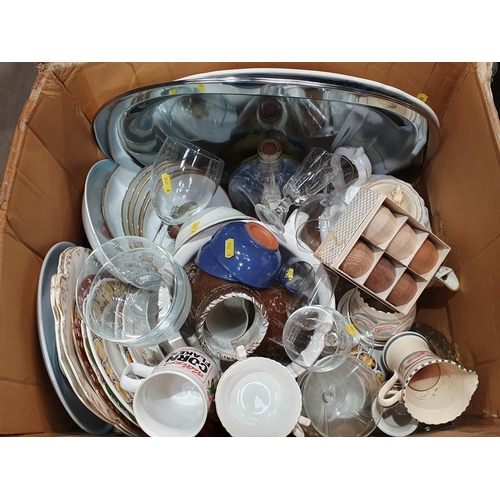 130 - Three boxes of china and glass including Worcester oven to tableware, Teapots, Ship in a Bottle, etc... 