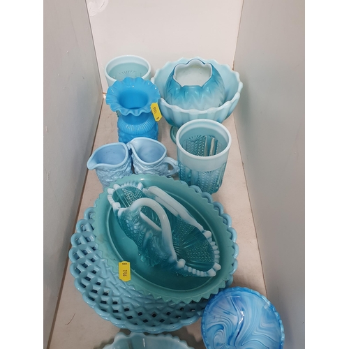 137 - A collection of blue pressed and moulded glass including Dishes, Jugs, Basket, and Vases, etc, (R4)