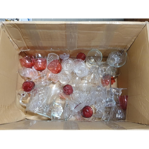 140 - Three boxes of glassware including Wines with etched bowls, Wines with red glass bowls, Jugs, also p... 