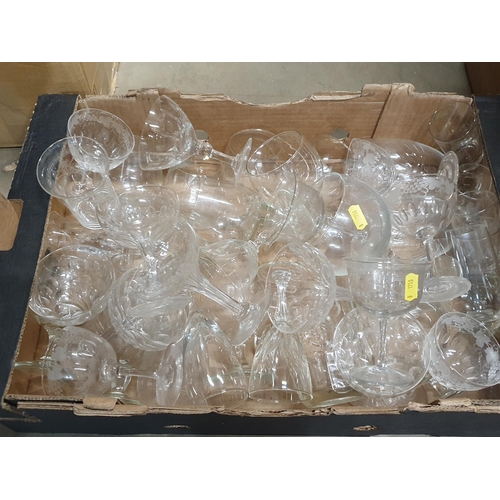 140 - Three boxes of glassware including Wines with etched bowls, Wines with red glass bowls, Jugs, also p... 